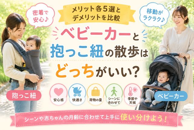 ベビーカーと抱っこ紐の散歩はどっちがいい？メリット各5選とデメリットを比較
