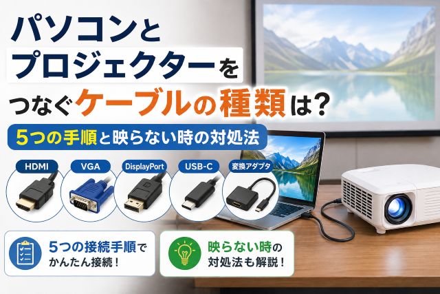パソコンとプロジェクターをつなぐケーブルの種類は？5つの手順と映らない時の対処法